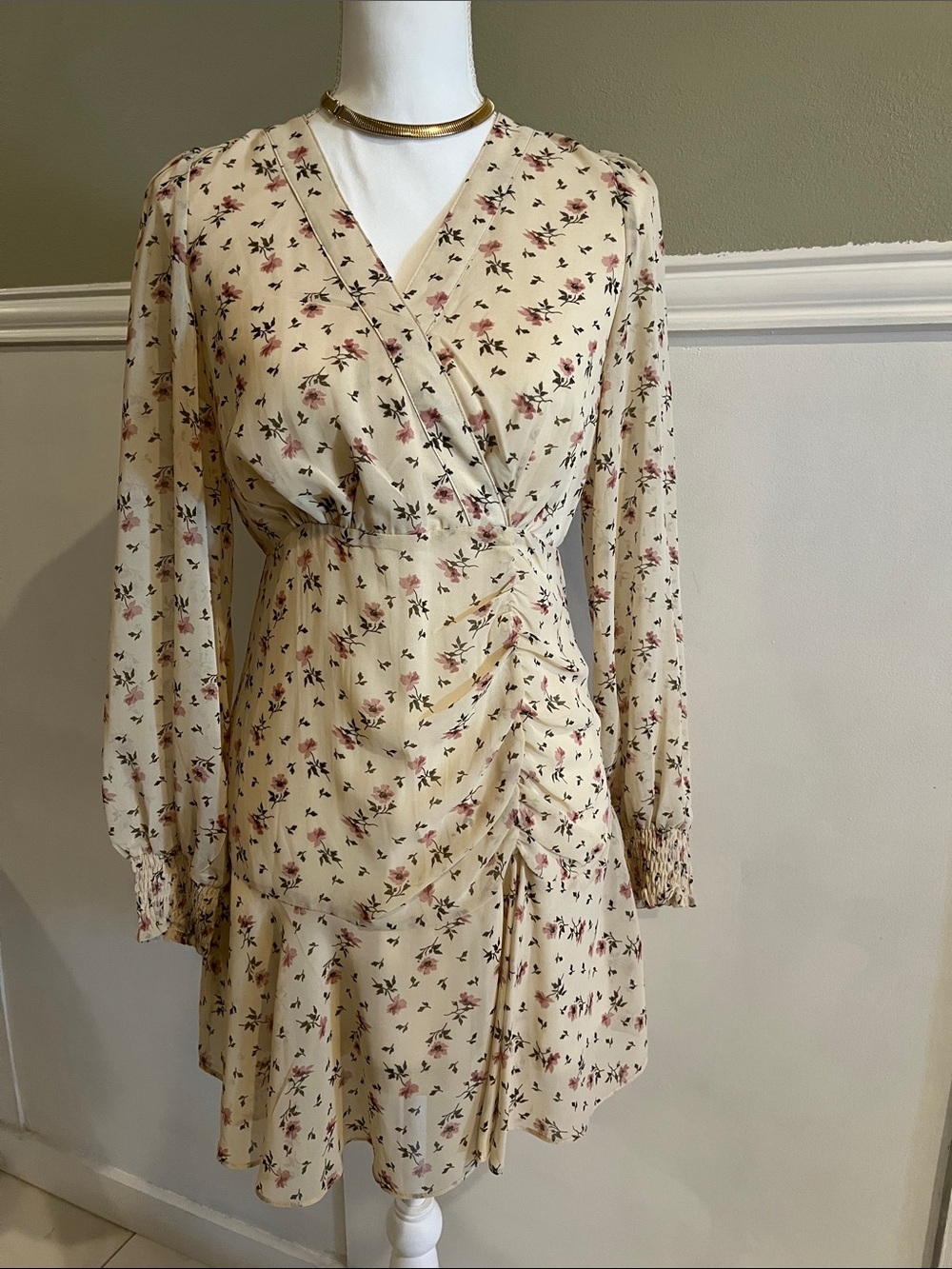 MABLE Cream Floral Wrap-Style Long Sleeve Dress